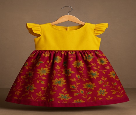 a kids dress with yellow on top and red color on bottom  hanged in a hanger